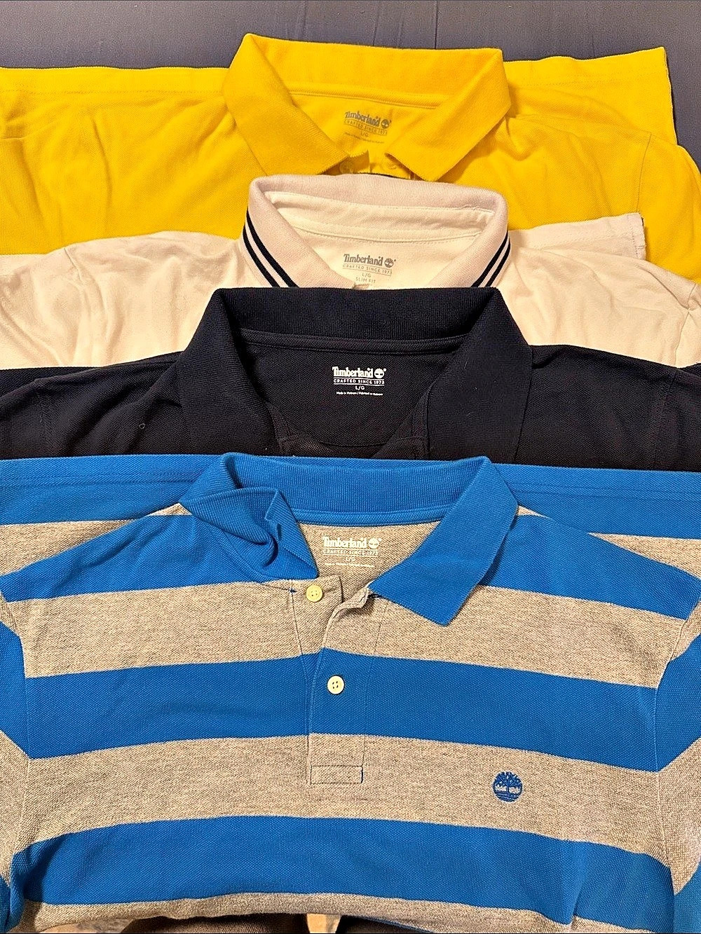 4 Timberland Men's Polo Shirts Blue & Gray, Navy, White and Yellow